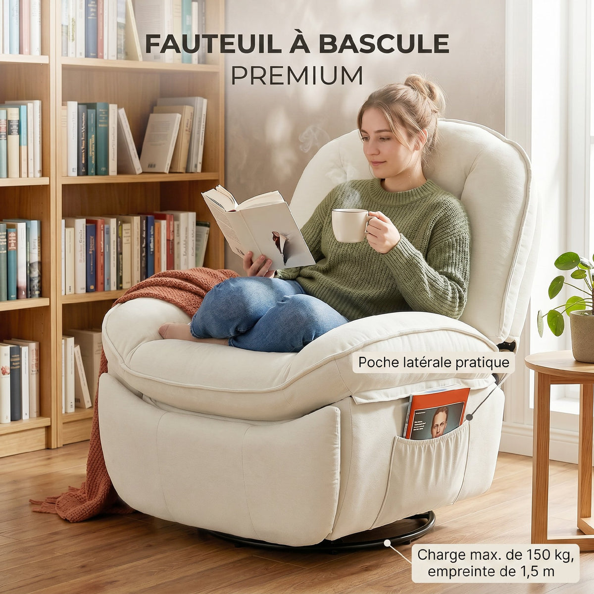 Fauteuil inclinable en chenille, fauteuil de relaxation pivotant à 360°, assise large, poches latérales, crème-8