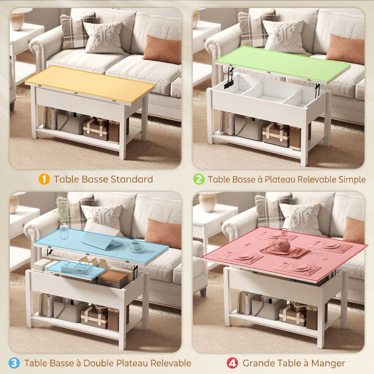 Table basse relevable et extensible table de salon avec compartiment caché étagère ouverte 100x45x50,5cm blanc-3