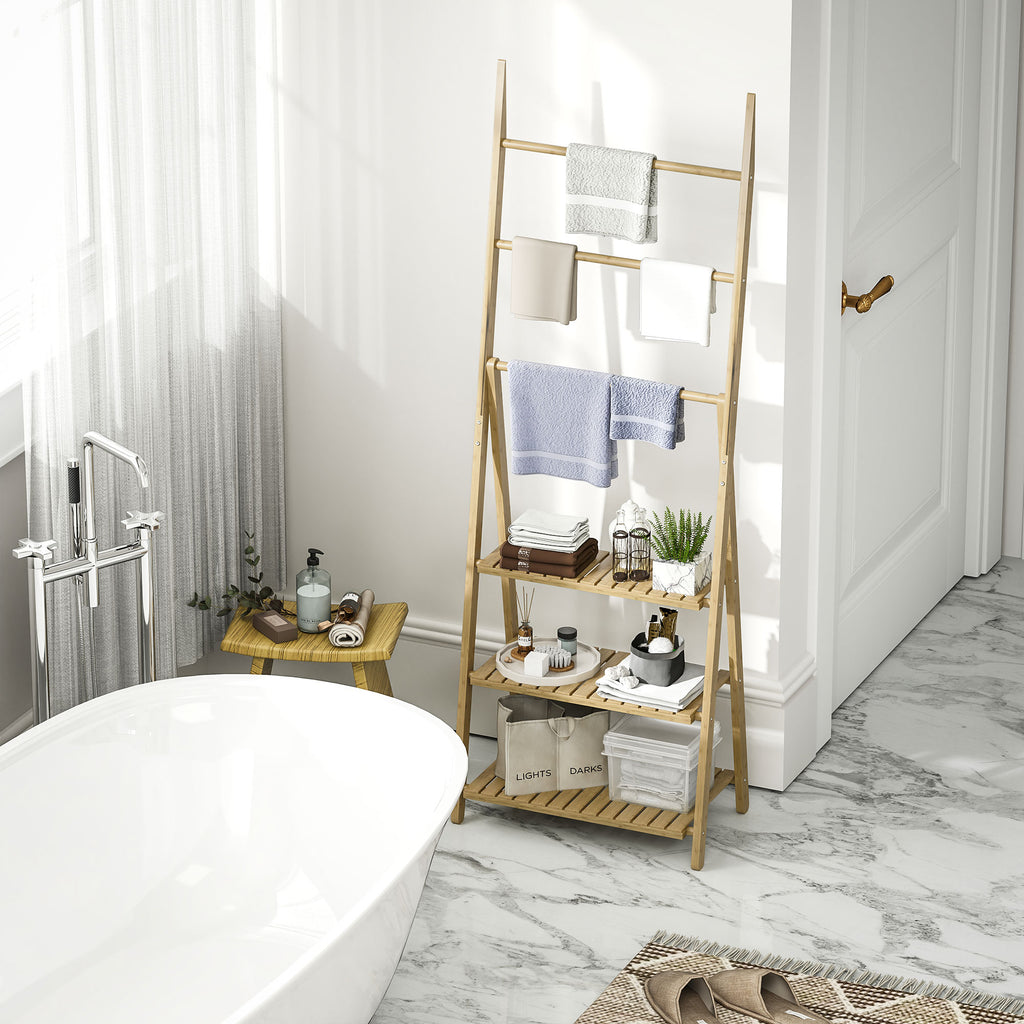 Étagère salle de bain en bambou pliable 3 niveaux étagère à échelle porte-serviettes 53,5x30x153cm effet bois naturel-7