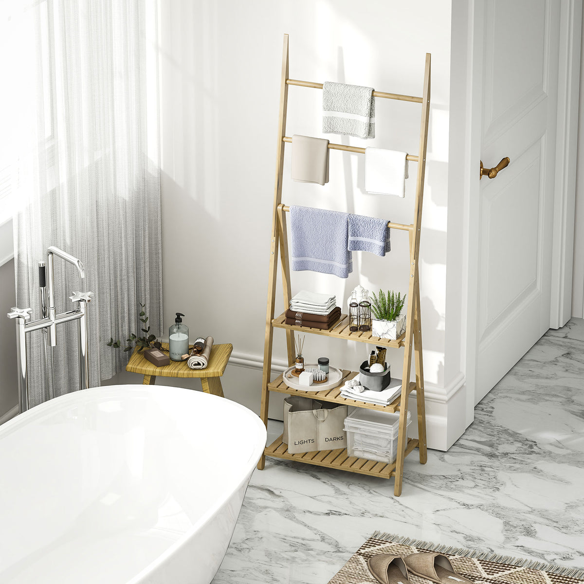 Étagère salle de bain en bambou pliable 3 niveaux étagère à échelle porte-serviettes 53,5x30x153cm effet bois naturel-7