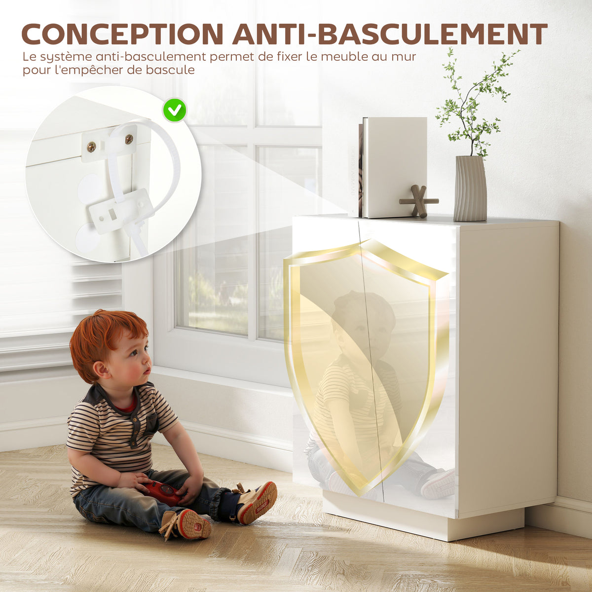 Buffet meuble de rangement avec placard double porte et étagère réglable, 70 x 40 x 88 cm, blanc brillant-5