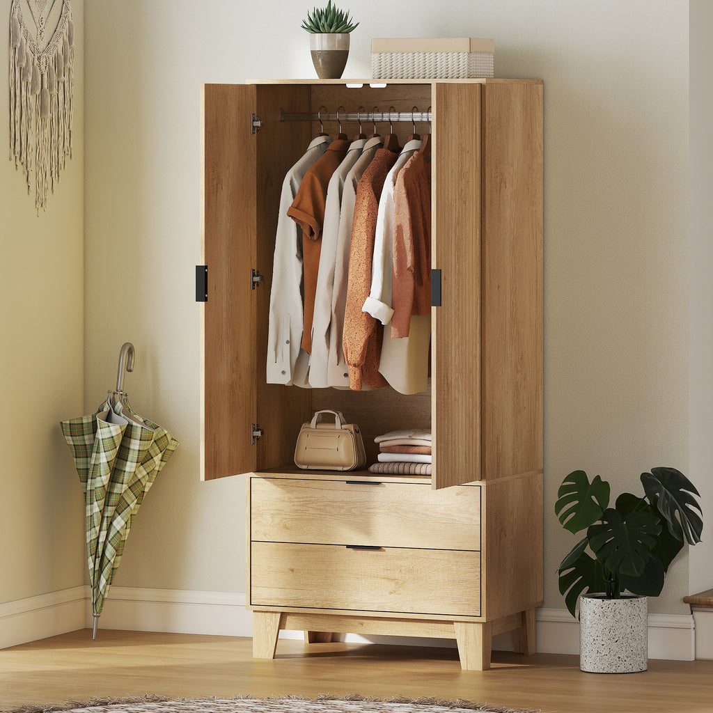 Armoire chambre penderie avec 2 portes à fermeture douce, 2 tiroirs et barre de suspension, 80x50x180cm, bois naturel-9