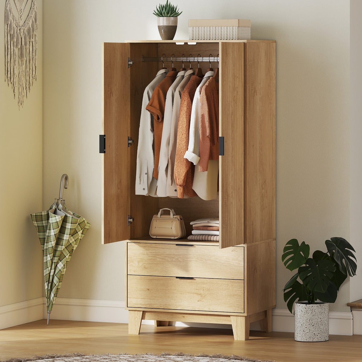 Armoire chambre penderie avec 2 portes à fermeture douce, 2 tiroirs et barre de suspension, 80x50x180cm, bois naturel-9