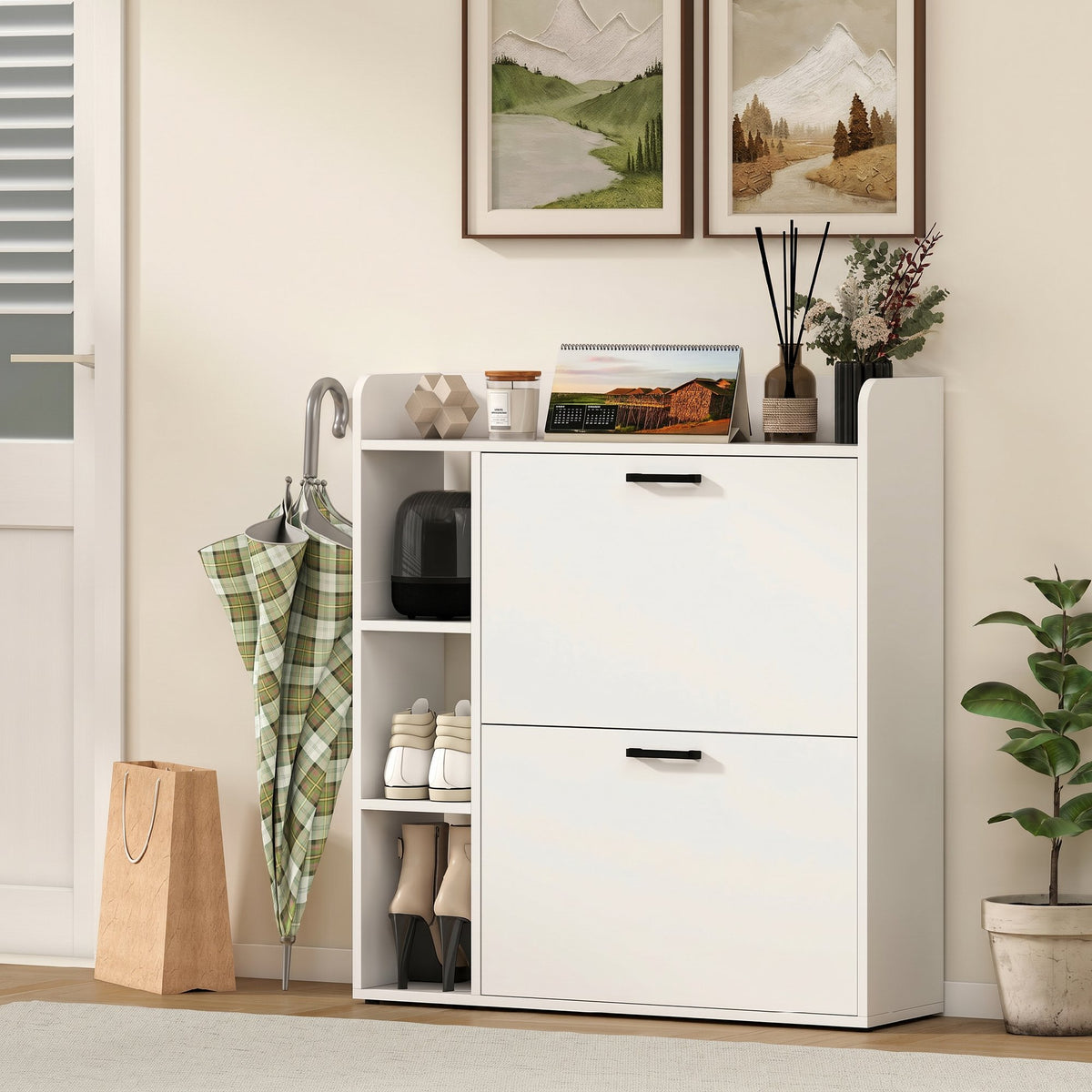 Meuble à chaussures 15 paires, armoire à chaussures moderne avec 2 tiroirs rabattables, 83x24x90,5cm, blanc-7