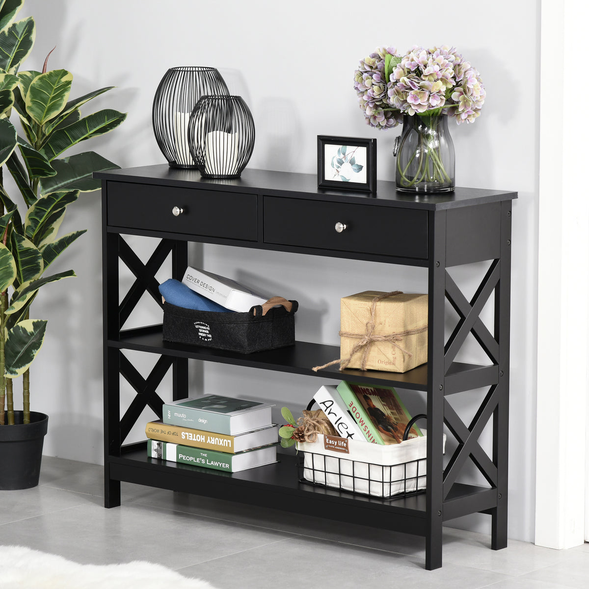 Table de console table d'entrée style table de drapier néo-rétro 2 tiroirs 2 étagères dim. 100L x 30,5l x 80H cm en bois noir-8