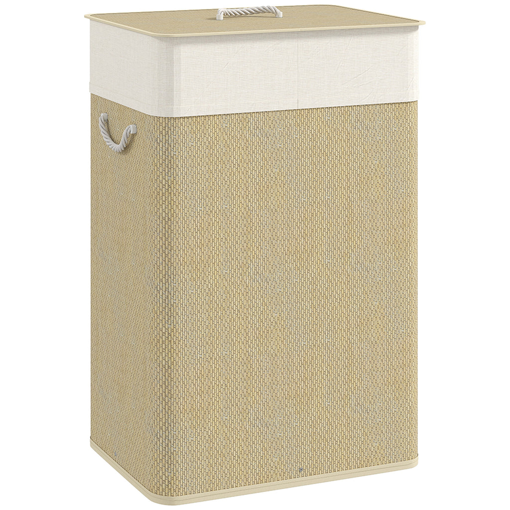Panier à linge 72 L, corbeille à linge sale en bambou avec couvercle, poignées en corde, doublure amovible, crème-0