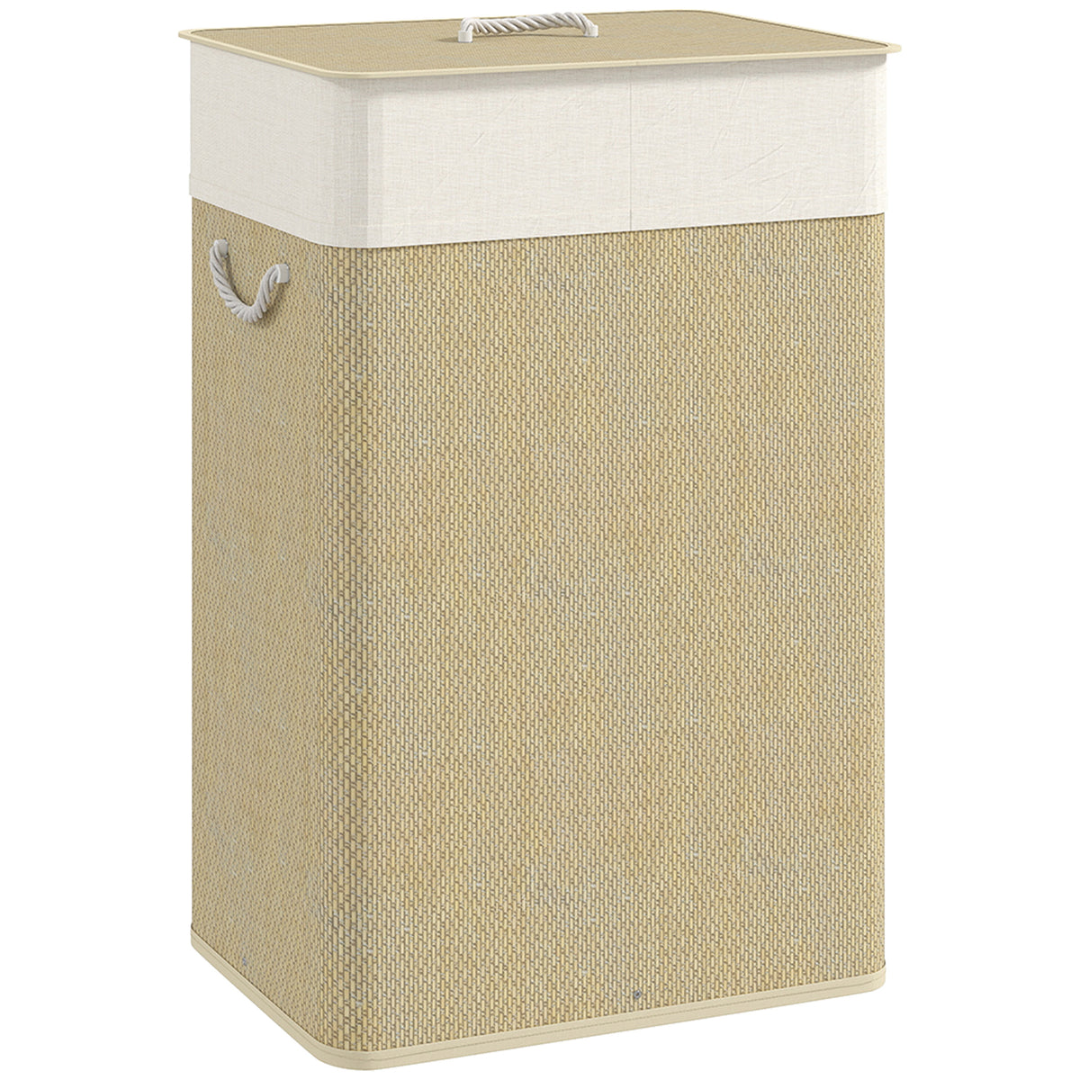Panier à linge 72 L, corbeille à linge sale en bambou avec couvercle, poignées en corde, doublure amovible, crème-0