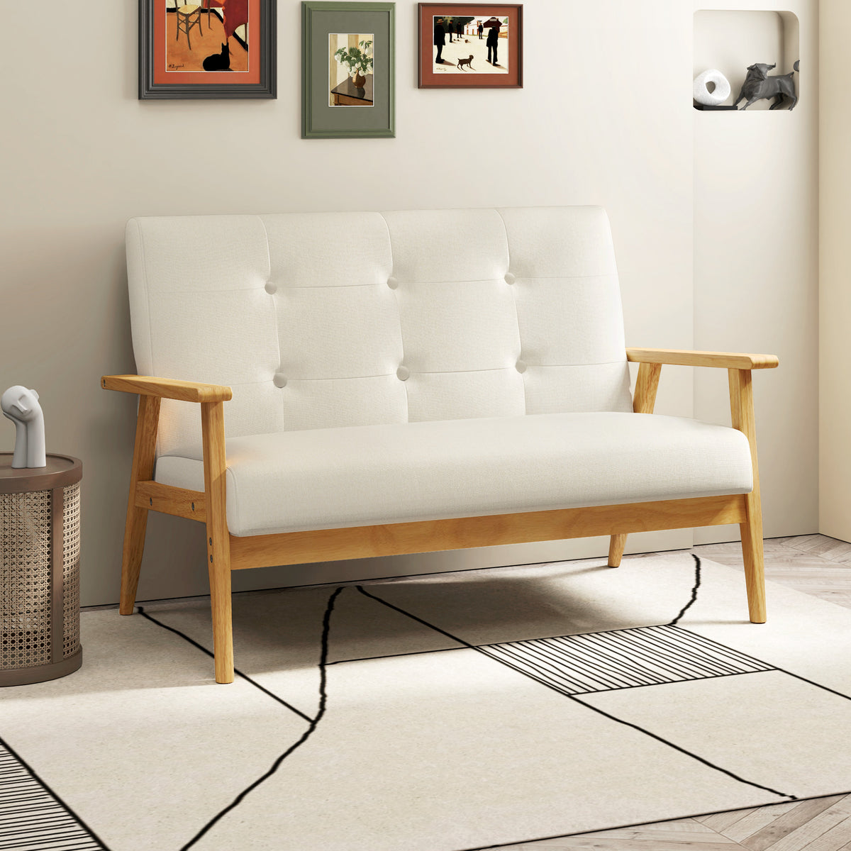 Canapé 2 places 115 cm canapé scandinave avec dossier capitonné, assise rembourrée et accoudoirs, beige-9