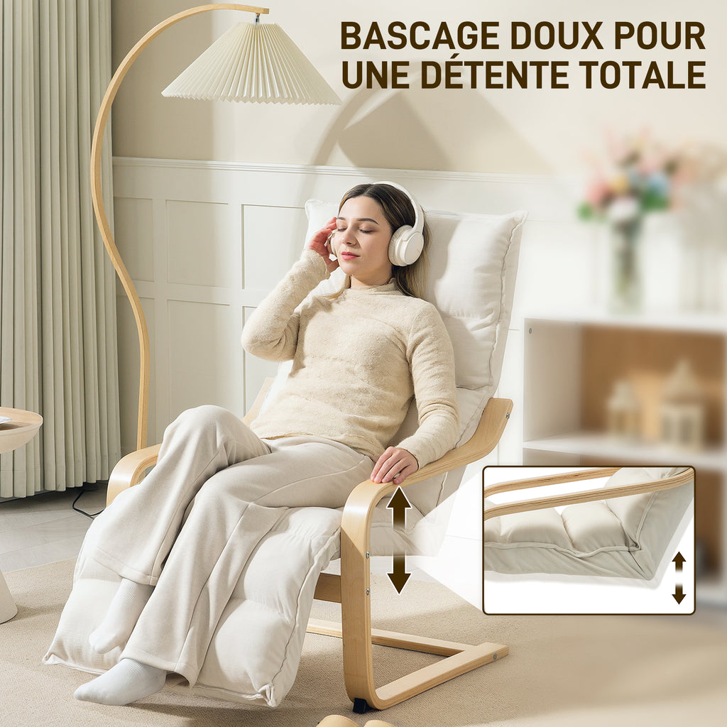 Fauteuil salon, fauteuil d'appoint rembourré en velours, repose-pieds réglable et structure en acier, 67x93x105cm, crème-5