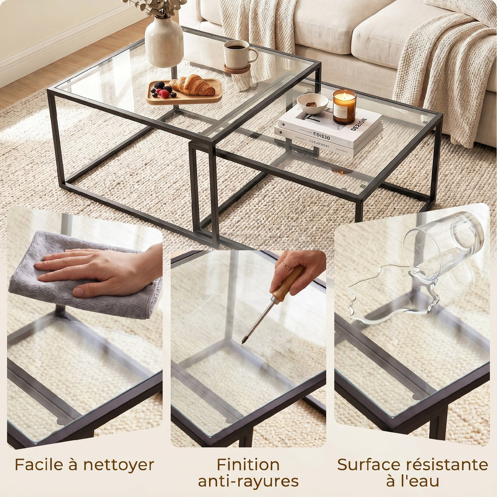 Lot de 2 tables basses gigognes, table de salon avec plateau en verre trempé et structure en métal, noir-6