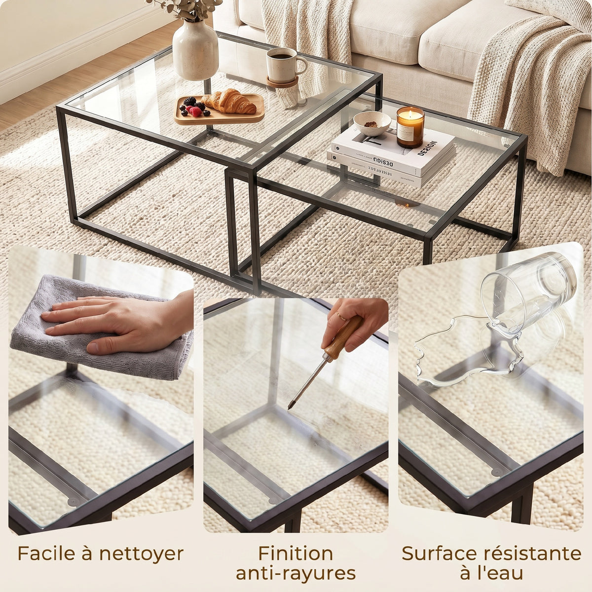 Lot de 2 tables basses gigognes, table de salon avec plateau en verre trempé et structure en métal, noir-6