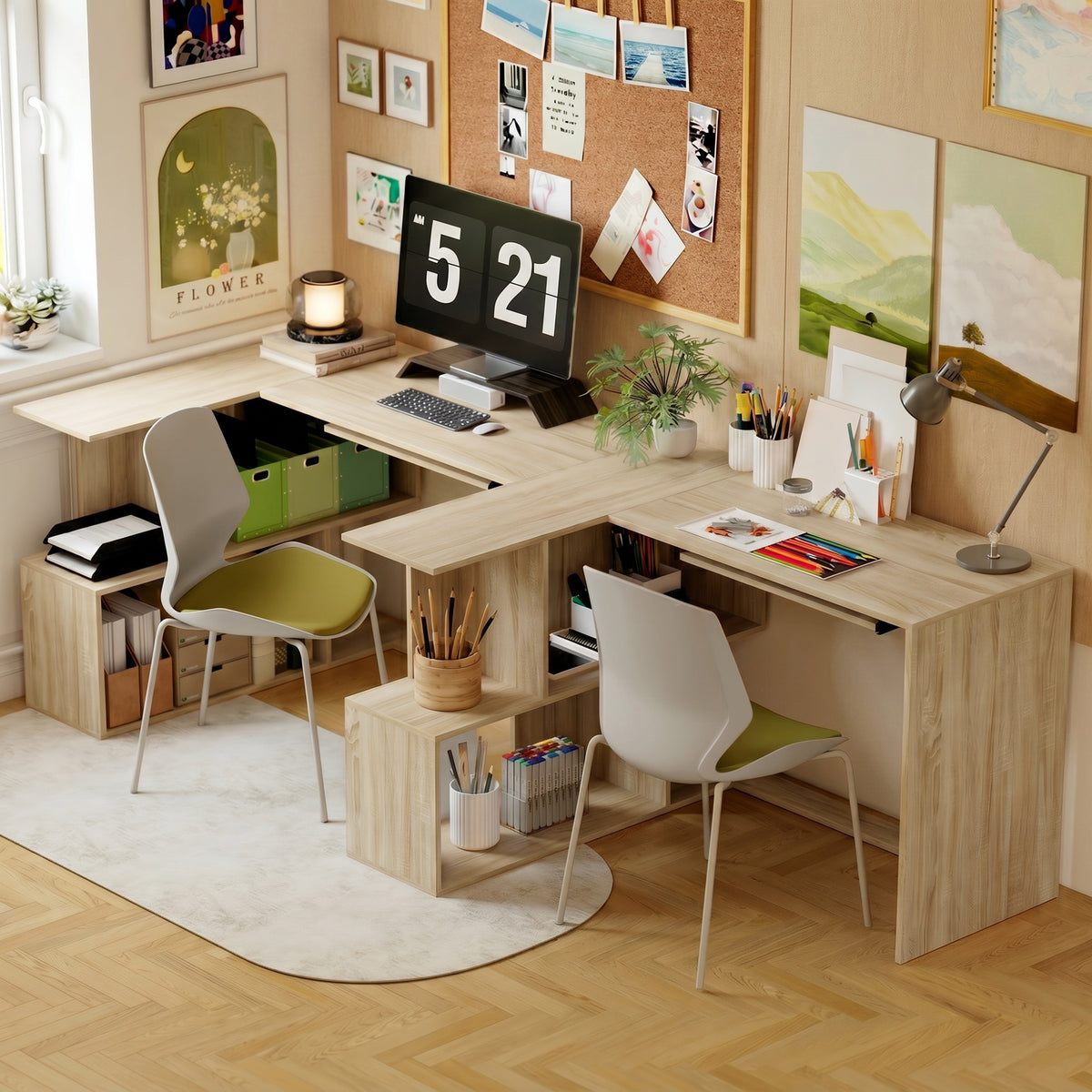 Bureau d'Angle, 120 x 100 x 76 cm, Bureau Informatique en L avec Plateau de Clavier, 4 Compartiments Ouverts, Naturel-6