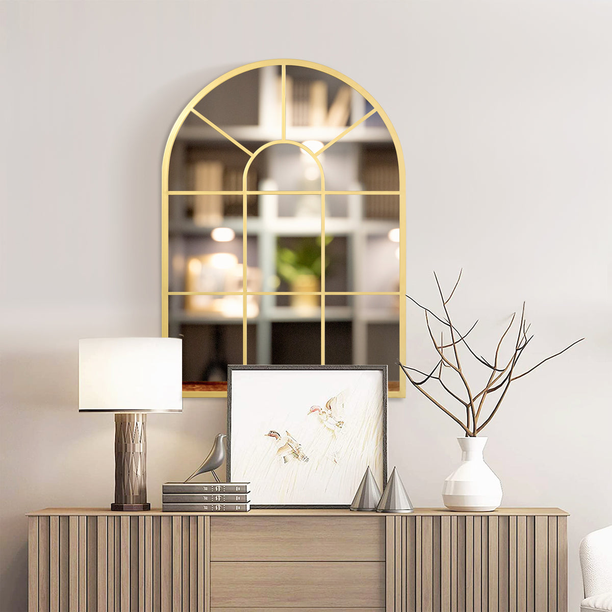 Miroir mural en métal cadre doré en forme de voûtée – 70 x 50 cm – décoration pour entrée ,chambre à coucher, salon-1