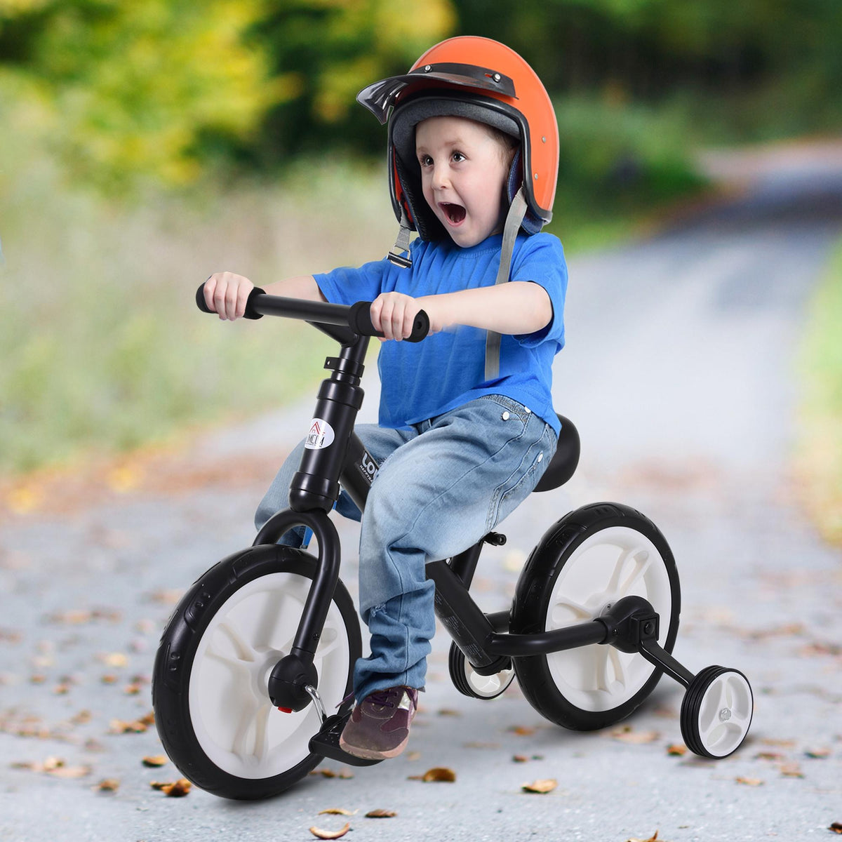 Bicicletta bambini 2 in 1 con pedali e rotelle rimovibili, 2–5 anni, nera