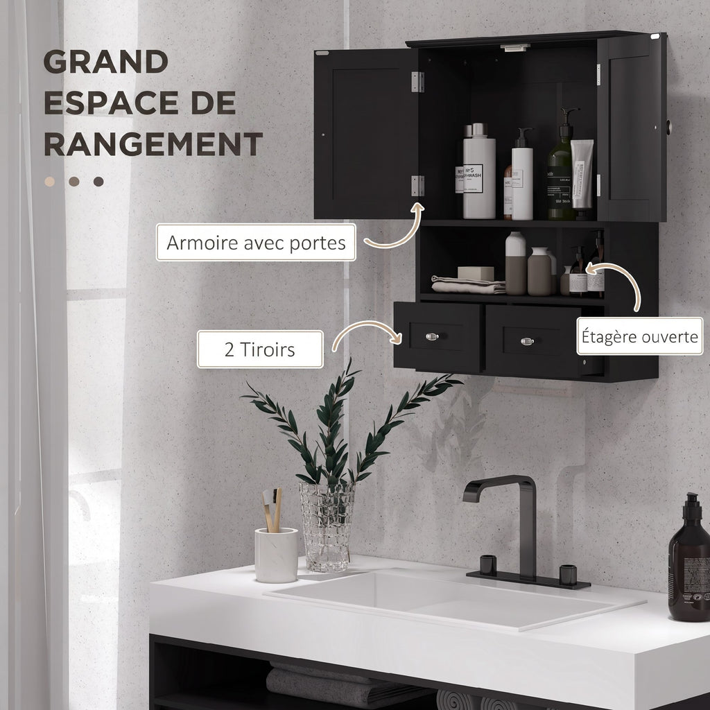 Armoire murale de salle de bain, armoire de toilette, avec portes, étagère, 2 tiroirs, 50,8l x 17,8P x 66H cm, noir-3