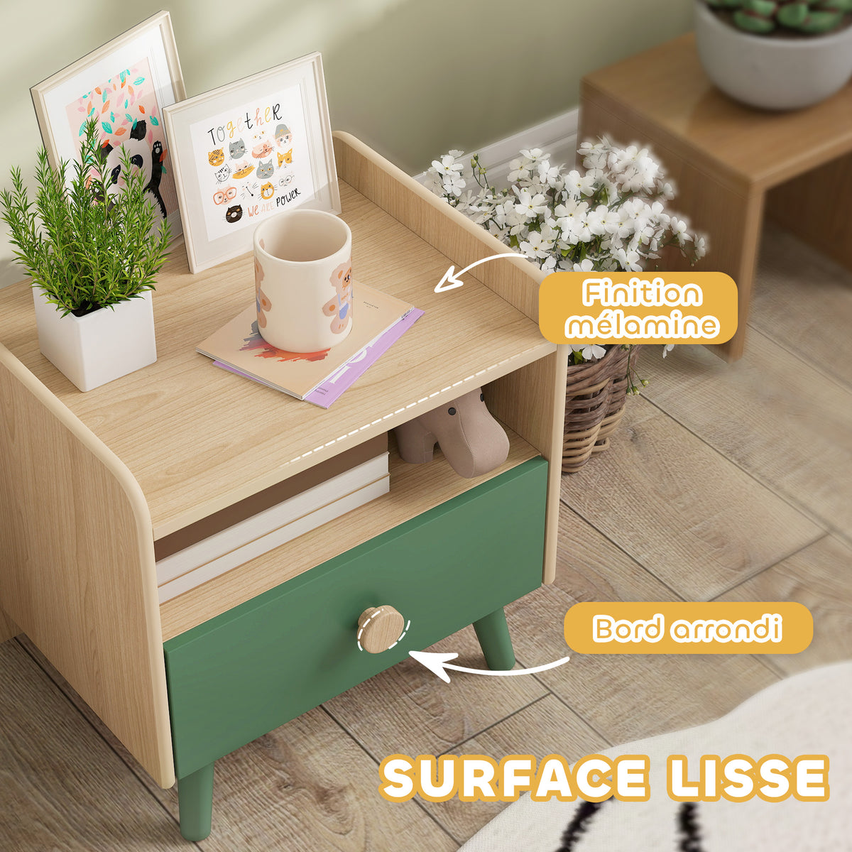 Table de chevet enfant table de nuit enfant avec tiroir et niche, petite table d'appoint en bois pour chambre d'enfant-6