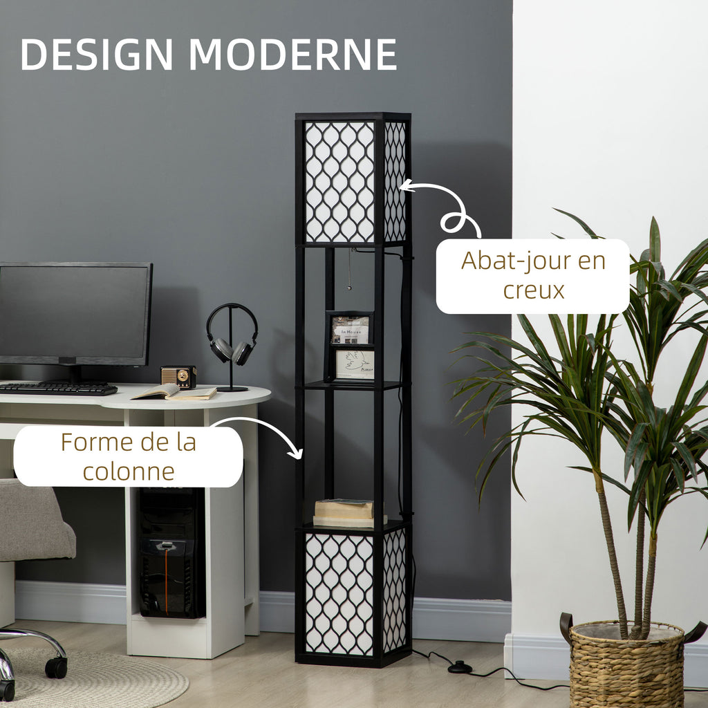 Lampadaire étagère 2 lampes 2 étagères 4 niveaux MDF noir motif nid d'abeille 26 x 26 x 156 cm noir-4