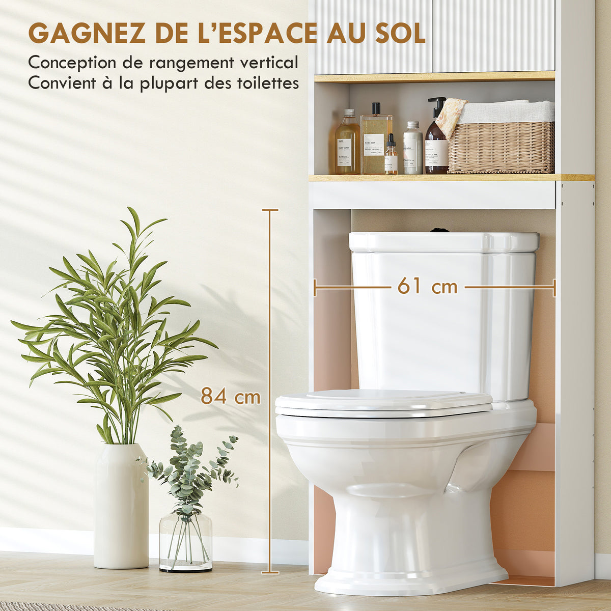 Meuble WC rangement au-dessus des toilettes 3 niveaux étagère de toilettes avec étagères réglables, 64x20x170,5cm, blanc-5