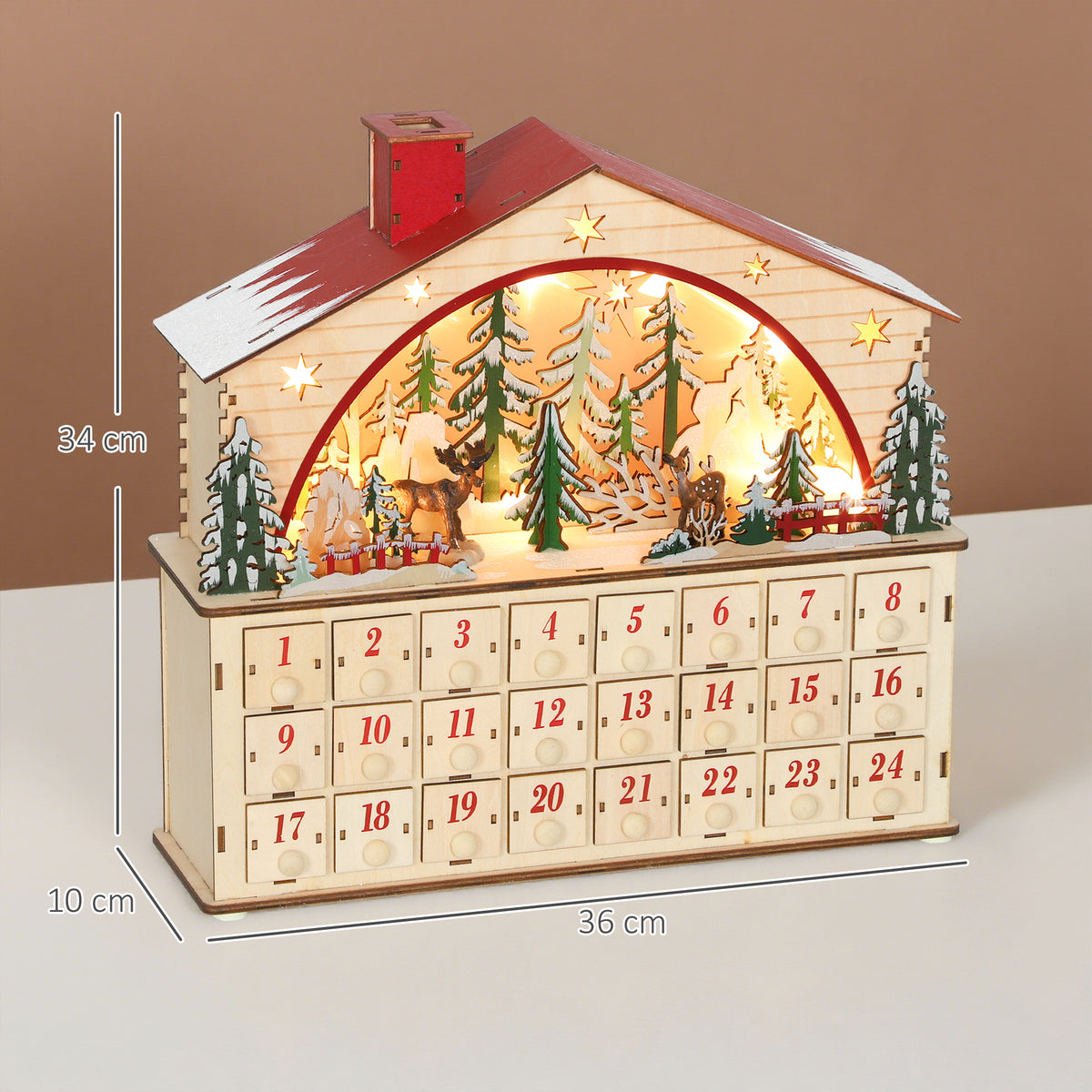 Calendario dell’Avvento di Natale con villaggio in legno, 24 cassetti e 15 LED