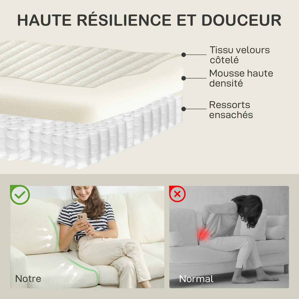 Canapé 3 places en velours côtelé, canapé avec coussins à ressorts et assise rembourré, 192x80x84,5cm, beige-3