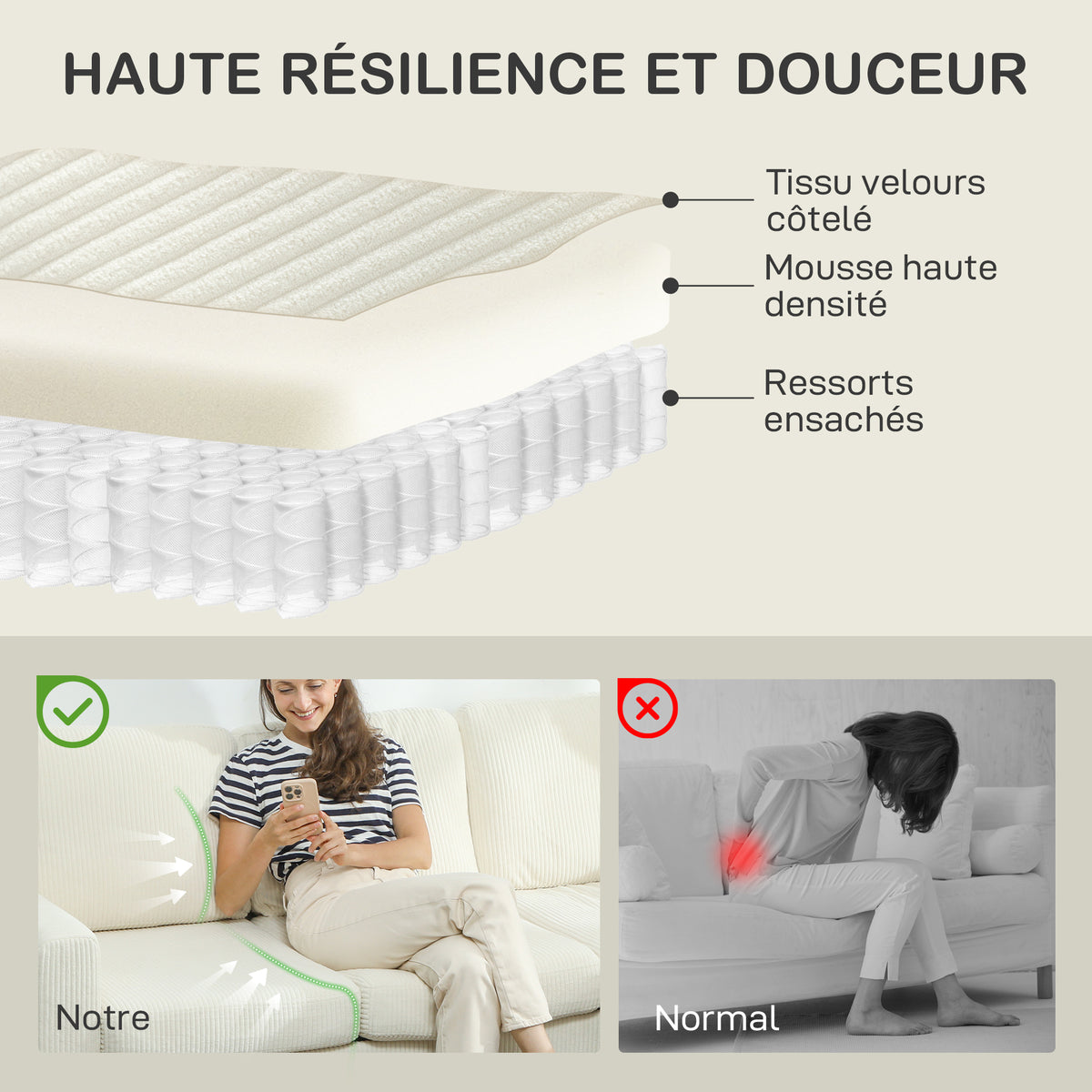 Canapé 3 places en velours côtelé, canapé avec coussins à ressorts et assise rembourré, 192x80x84,5cm, beige-3
