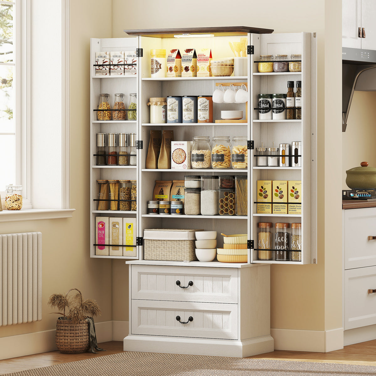 Buffet haut cuisine, armoire de cuisine, LED à capteur, 2 portes, tiroirs et étagères réglables, 76x39,5x183cm, blanc-9