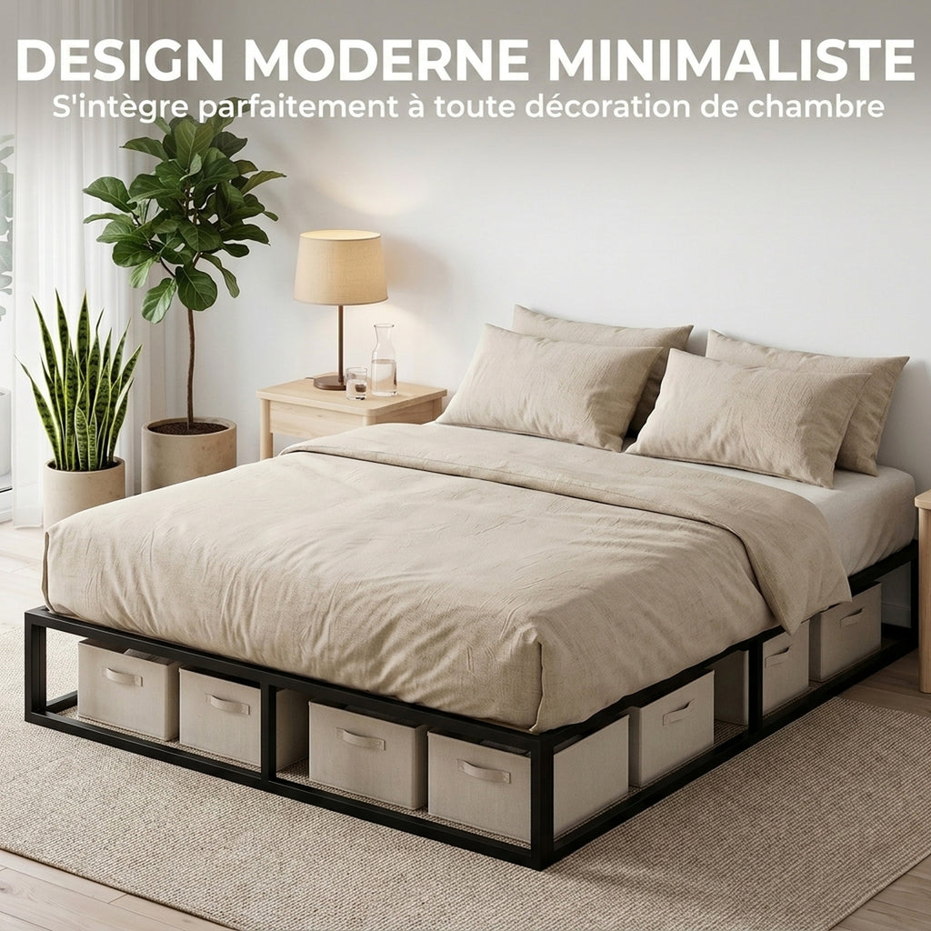 Cadre de Lit 140 x 190 cm avec Sommier, Lit Double avec Pochette de Rangement, Support à Lattes en Bois, Noir-6