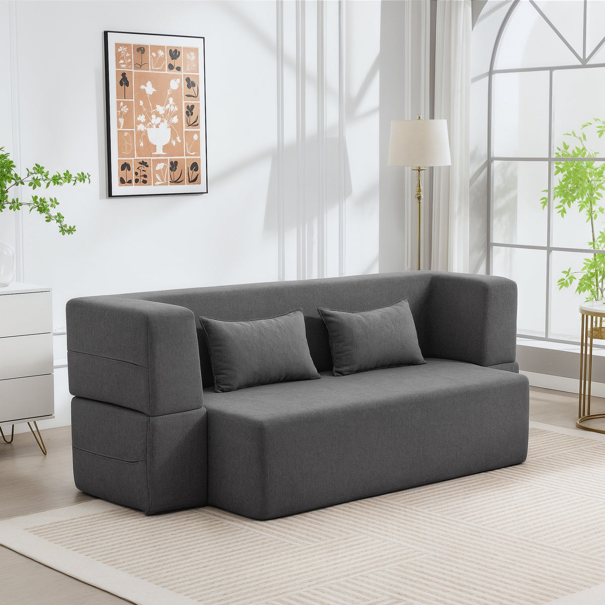 Canapé convertible 2 places, canapé-lit en chenille, assise et accoudoirs larges 2 coussins, entièrement compressé, gris-1