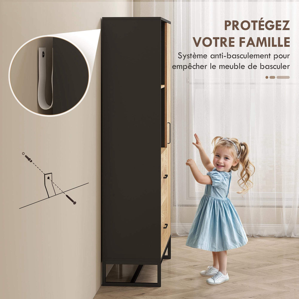 Armoire de cuisine meuble de rangement, 2 tiroirs 1 placard 2 niches et étagères réglables, 88x35x160cm, noir et naturel-7
