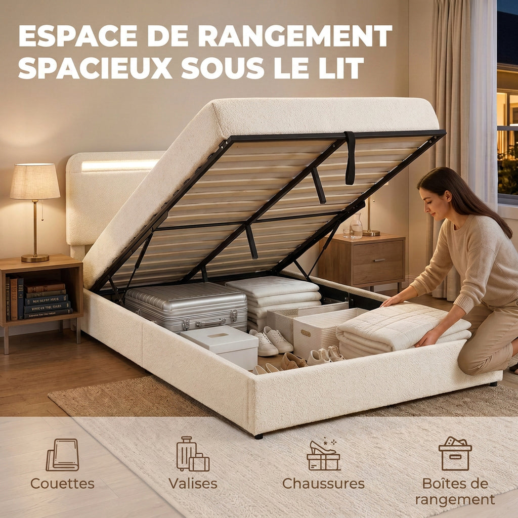 Lit Coffre 160 x 200 cm, LED RGB, Tête Réglable, Cadre de Lit Double Rembourré Velours, Rangement Hydraulique, Crème-3