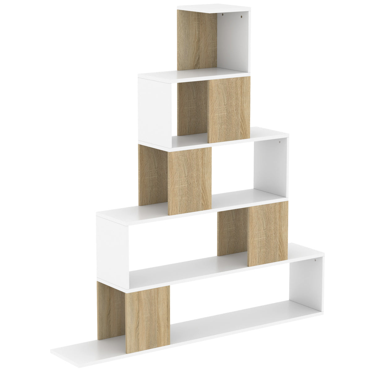 Étagère de rangement, bibliothèque géométrique à 5 niveaux, pour bureau, salon, chambre, blanc et bois naturel-0