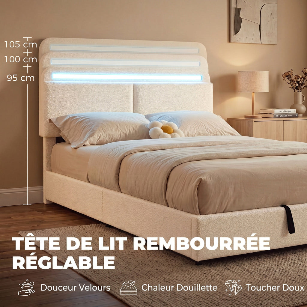 Lit Coffre 160 x 200 cm, LED RGB, Tête Réglable, Cadre de Lit Double Rembourré Velours, Rangement Hydraulique, Crème-5