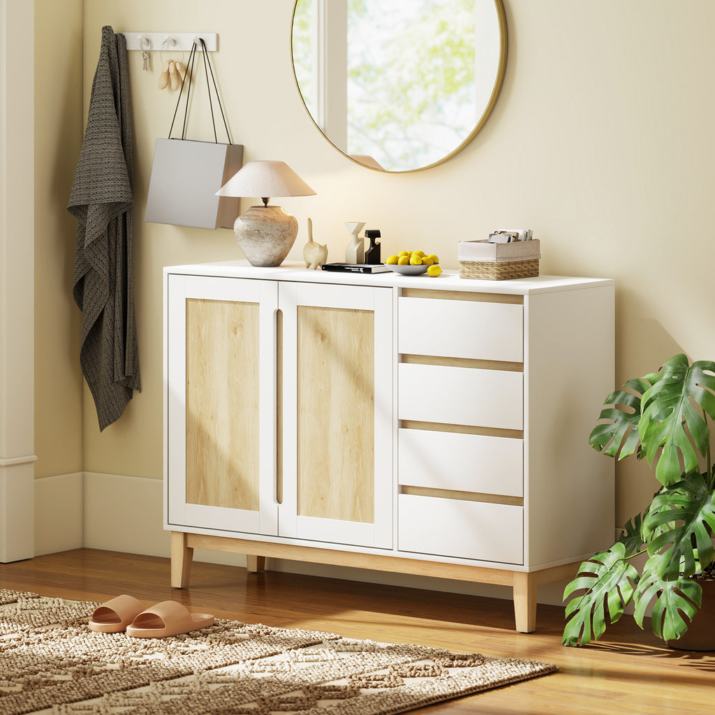 Buffet, meuble de rangement avec 2 portes et 4 tiroirs, étagère réglable, 120 x 40 x 86 cm, blanc et chêne-8