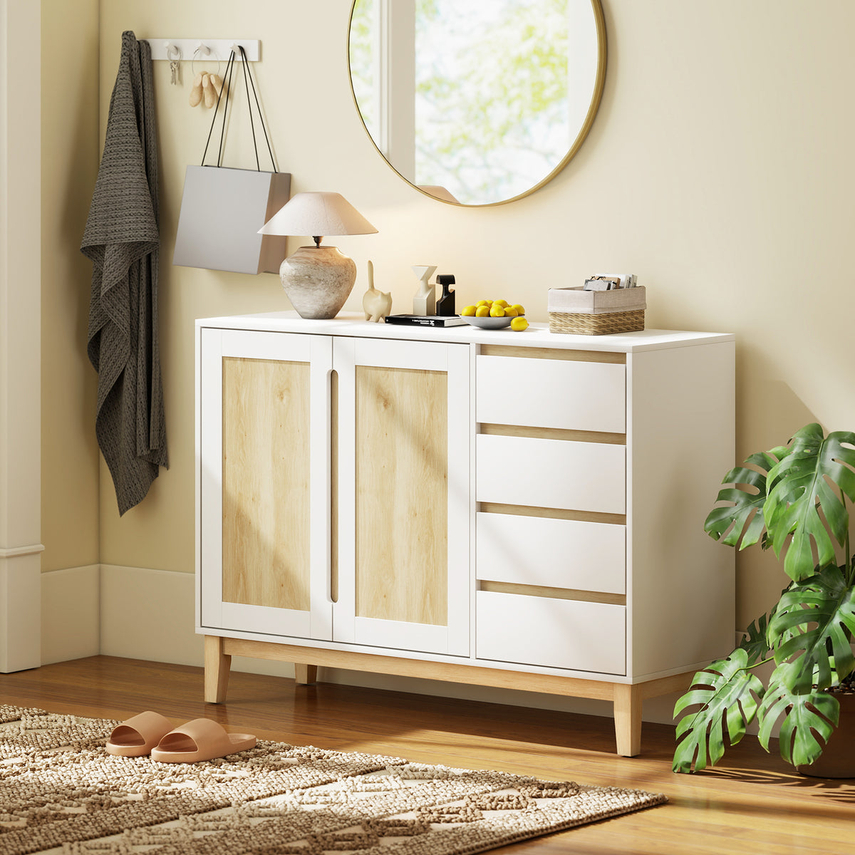 Buffet, meuble de rangement avec 2 portes et 4 tiroirs, étagère réglable, 120 x 40 x 86 cm, blanc et chêne-8