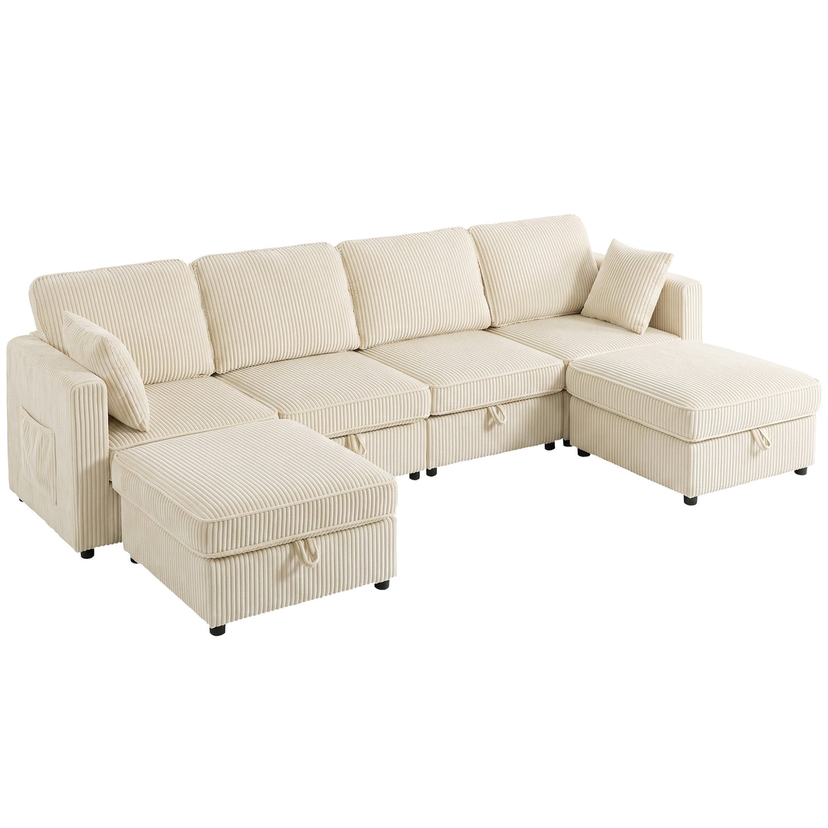 Canapé 4 Places avec 2 Poufs de Rangement, Canapé d'Angle Modulable en U 306 cm en Velours Côtelé, 4 Coussins, Crème-0