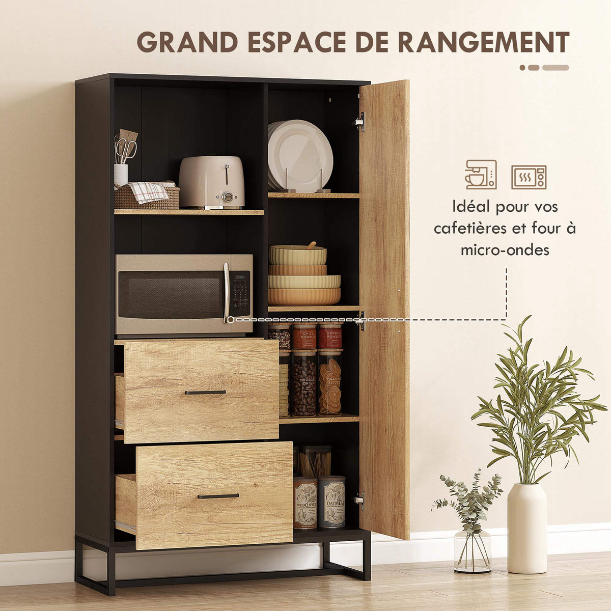 Armoire de cuisine meuble de rangement, 2 tiroirs 1 placard 2 niches et étagères réglables, 88x35x160cm, noir et naturel-3