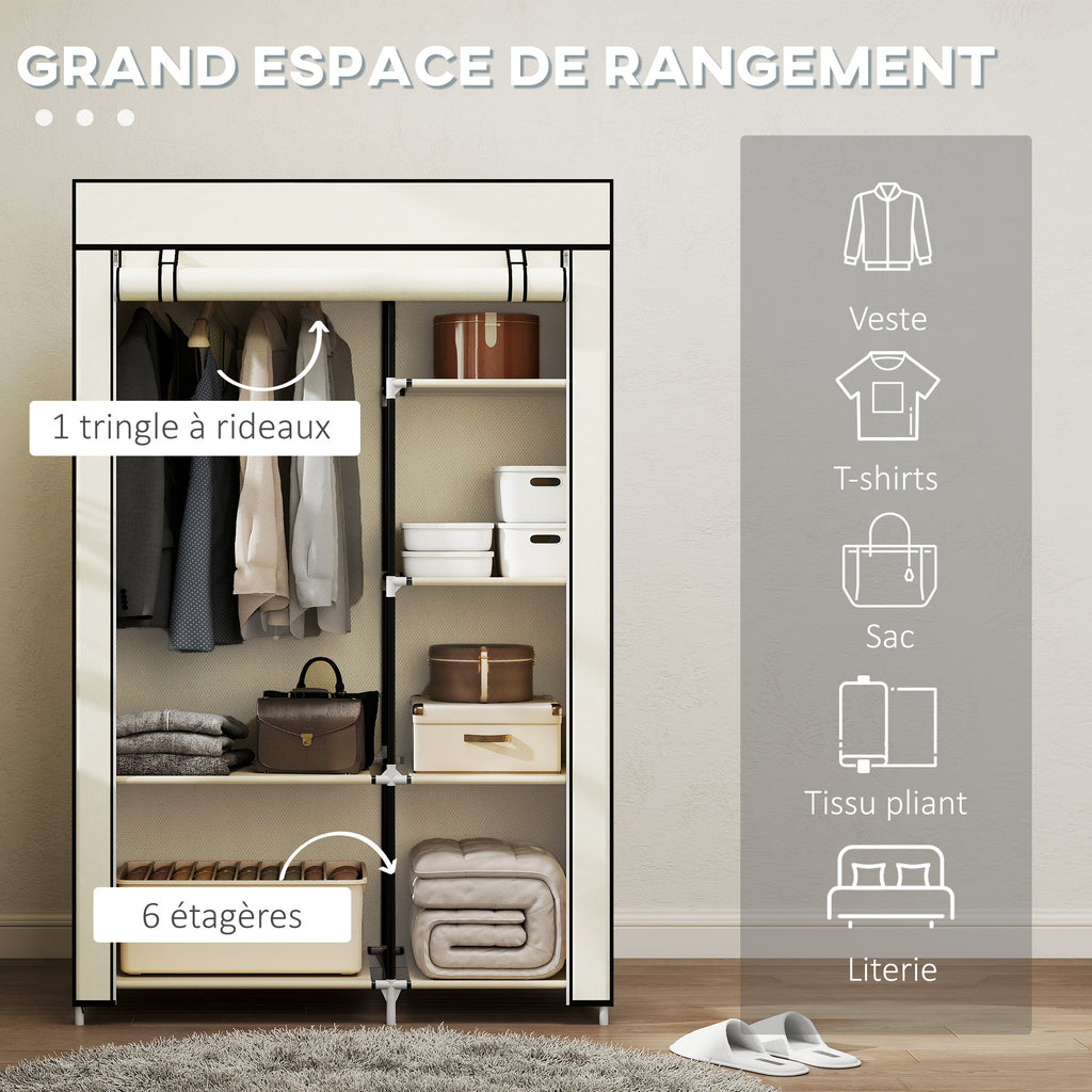 Armoire penderie en tissu meuble de rangement tringle à vêtements et étagères ouvertes 103x43x162,5cm crème-3