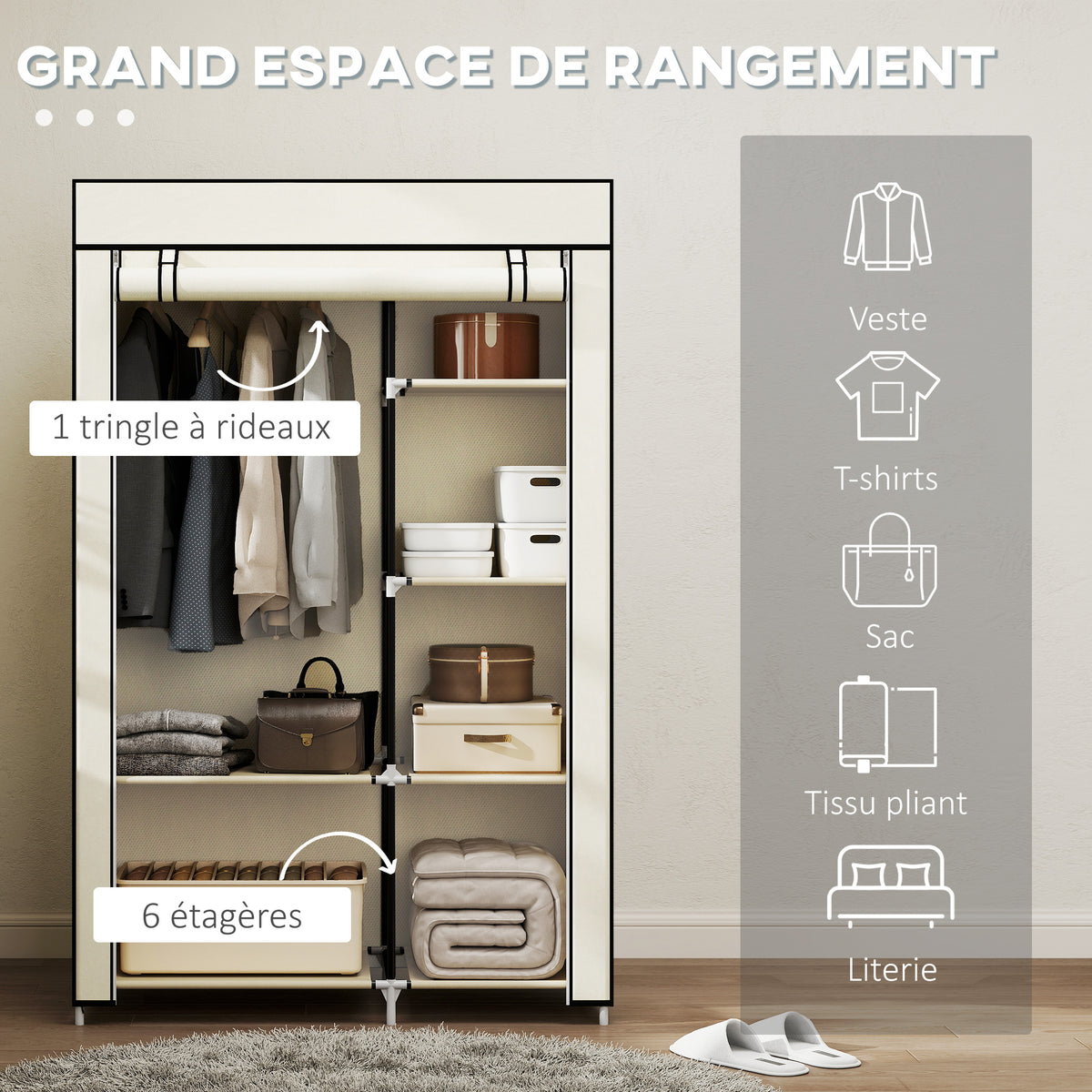 Armoire penderie en tissu meuble de rangement tringle à vêtements et étagères ouvertes 103x43x162,5cm crème-3