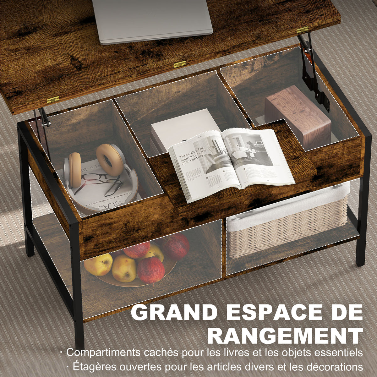 Table basse relevable et extensible, table de salon avec compartiment caché étagères ouvertes, 98x49x55cm, brun rustique-4