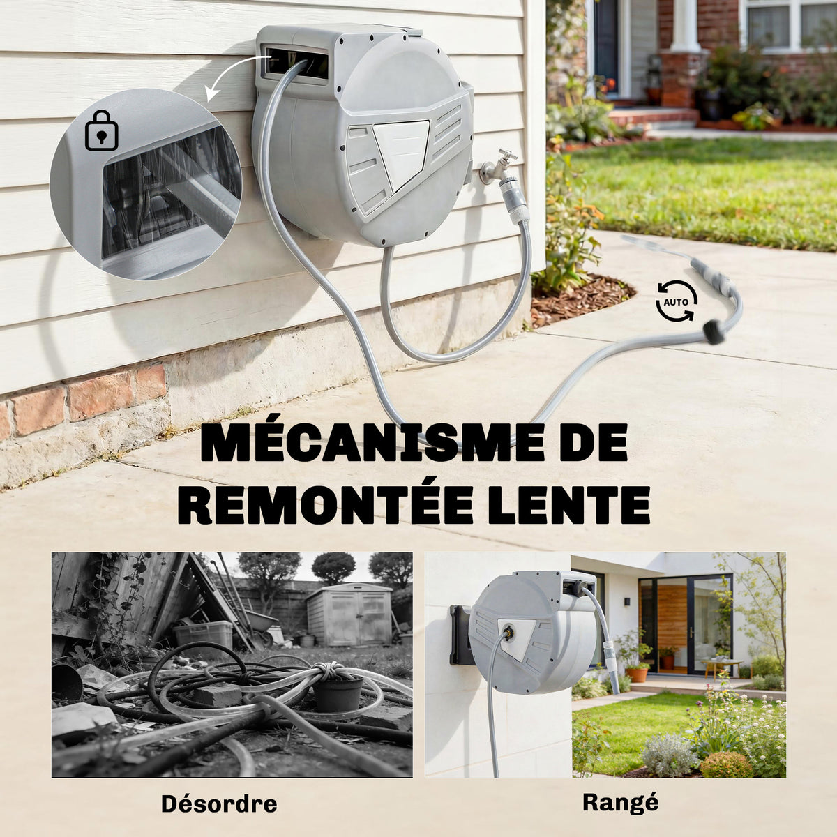Enrouleur Tuyau Arrosage Mural 40+2 m x Ø 15mm, Dévidoir de Tuyaux d'Eau Rétractable Automatique Pivotant à 180°, Gris-4