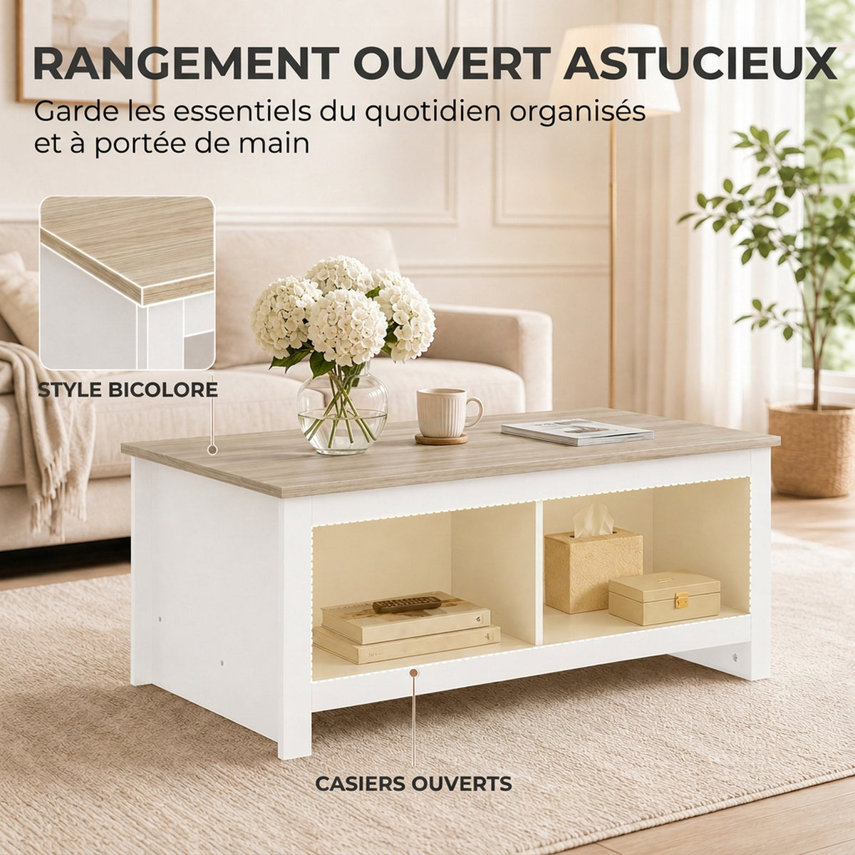 Table Basse Rectangulaire, Table de Salon Moderne avec 4 Compartiments Ouverts, 110 x 55 x 45,5 cm, Chêne et Blanc-3