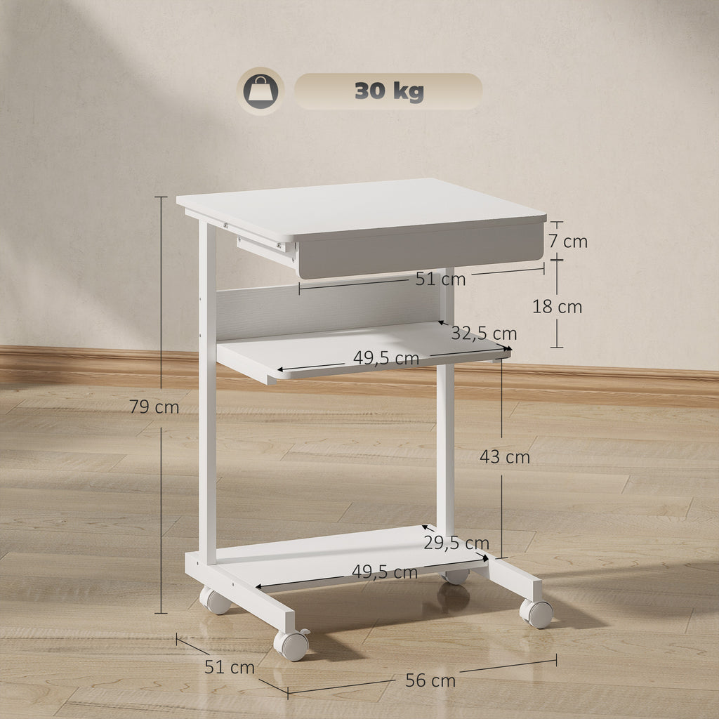 Bureau d'ordinateur sur roues, bureau avec rangement 56 x 51 cm avec tiroir, compartiment et support CPU, blanc-2