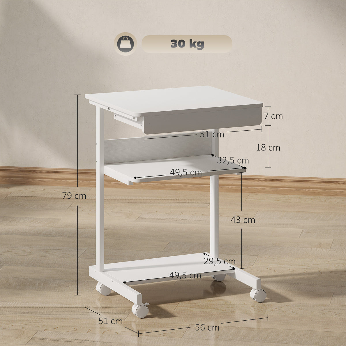 Bureau d'ordinateur sur roues, bureau avec rangement 56 x 51 cm avec tiroir, compartiment et support CPU, blanc-2