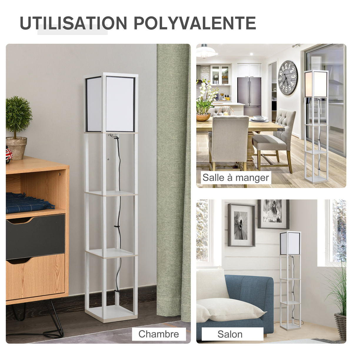 Lampadaire étagère 26L x 26l x 160H cm 3 étagères 4 Niveaux MDF Blanc-4