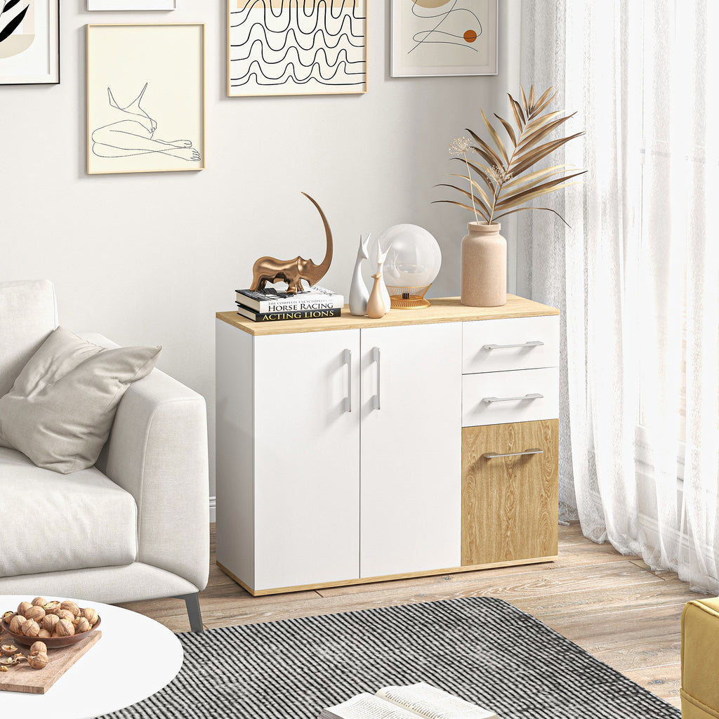 Buffet, meuble de rangement avec 3 portes, 2 tiroirs et étagère réglable, 90 x 30 x 75,5 cm, blanc et bois naturel-6