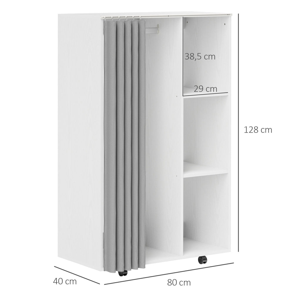 Armoire penderie vêtement dressing mobile 4 roulettes avec tringle à vêtements et étagères ouvertes, blanc-2