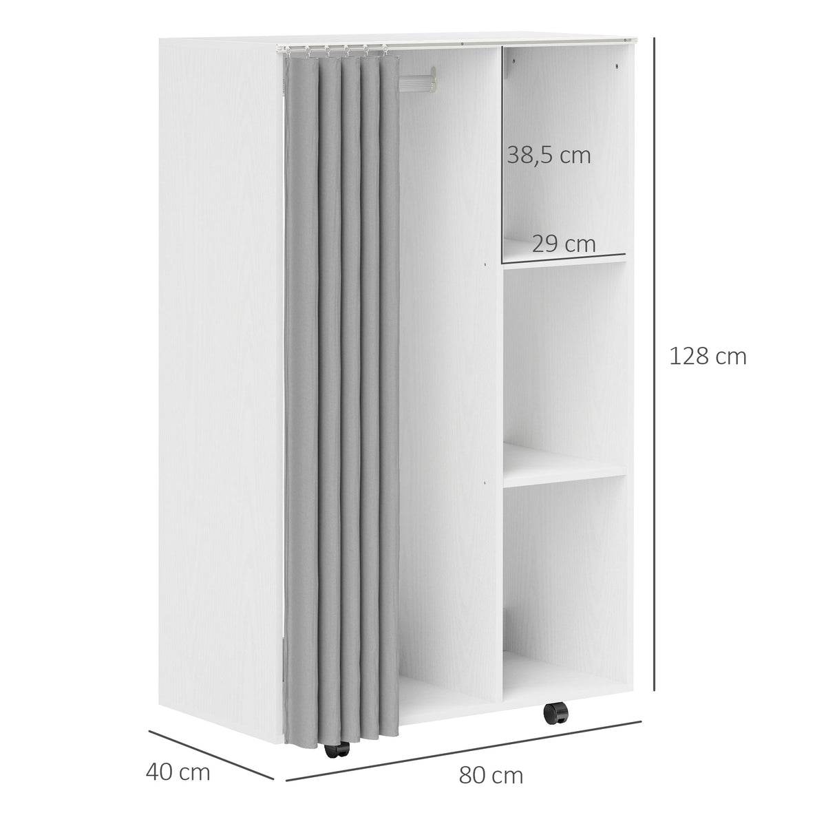 Armoire penderie vêtement dressing mobile 4 roulettes avec tringle à vêtements et étagères ouvertes, blanc-2
