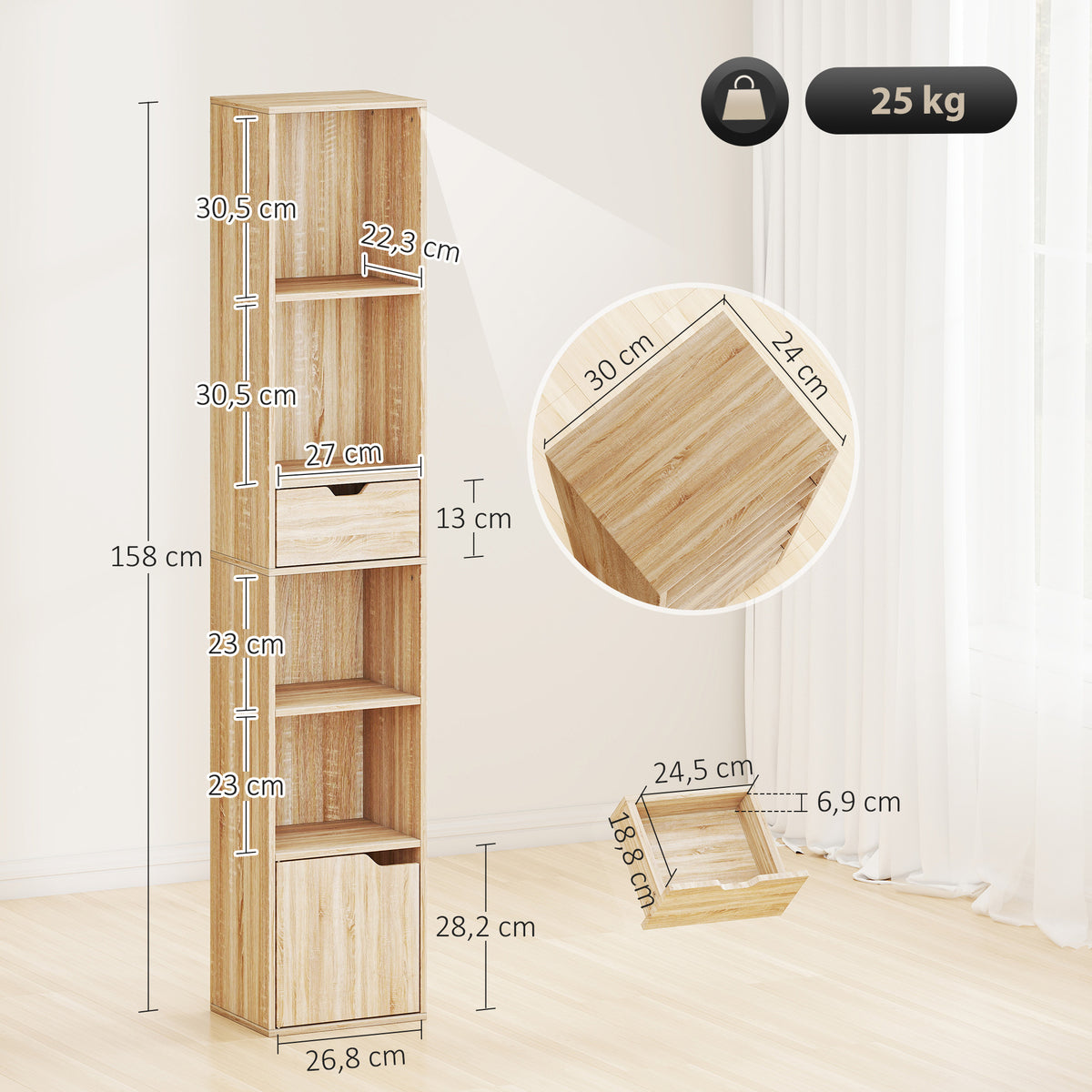 Bibliothèque, étagère à livres, meuble de rangement avec tiroir placard compartiments ouvertes, 30 x 24 x 158 cm naturel-2