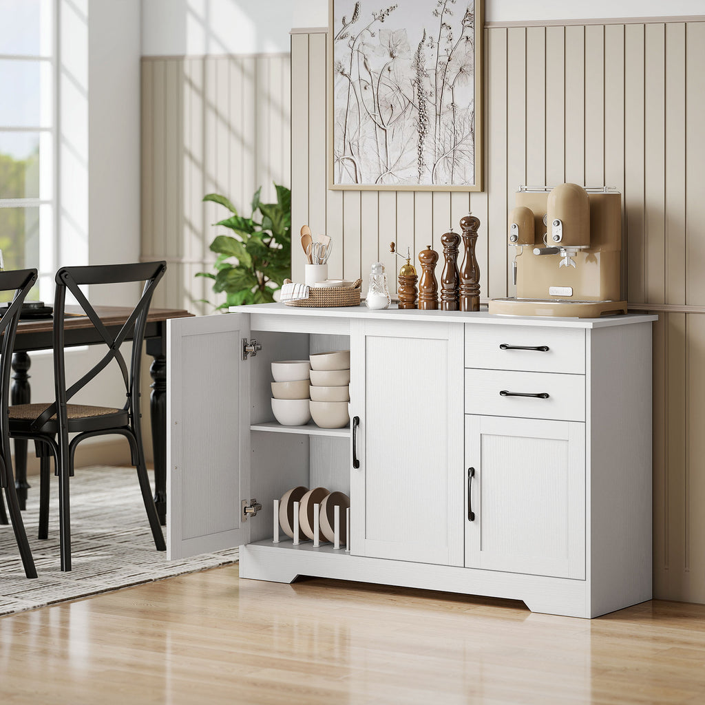Buffet, meuble de rangement avec 3 portes, 2 tiroirs et étagère réglable, 120 x 38 x 79 cm, blanc-1