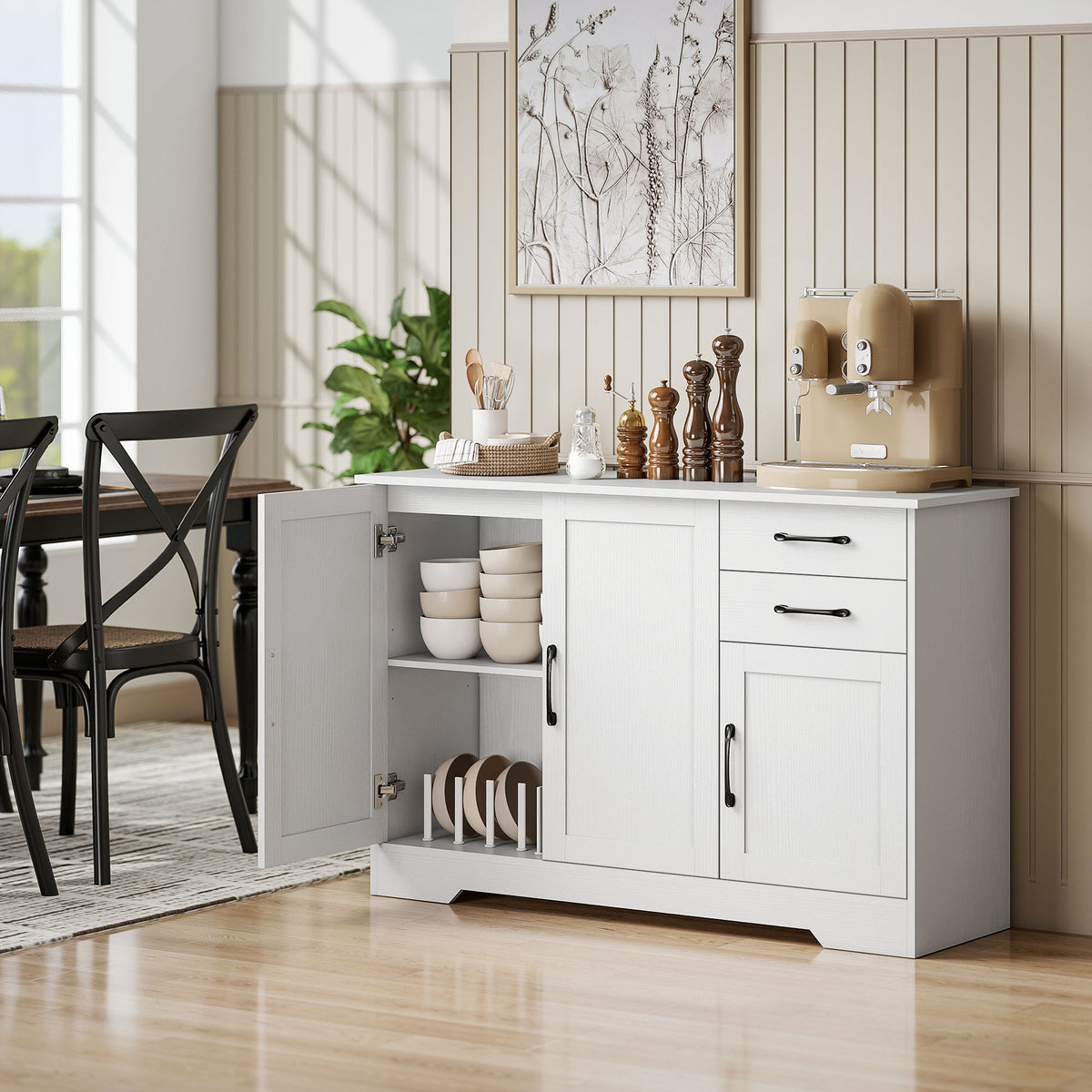 Buffet, meuble de rangement avec 3 portes, 2 tiroirs et étagère réglable, 120 x 38 x 79 cm, blanc-1